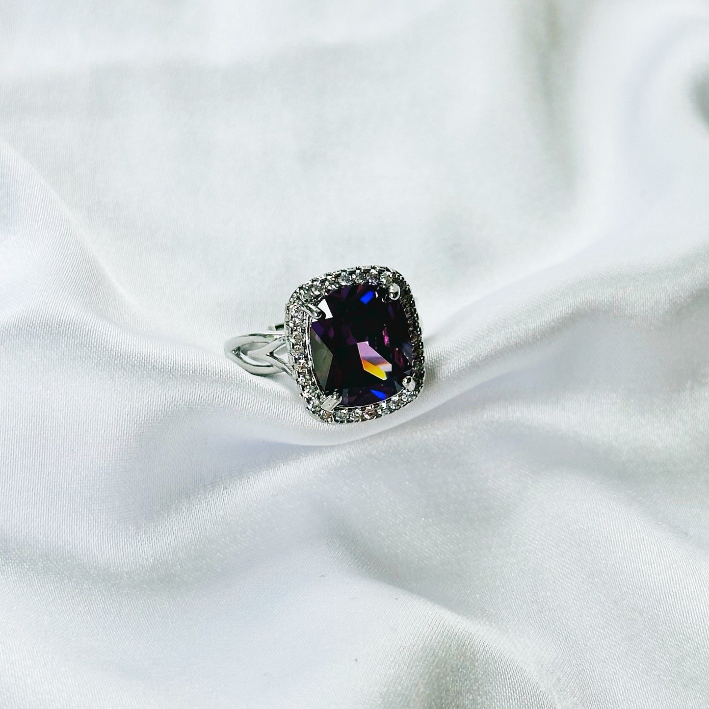Purple Amethyst Cubic Zirconia Ice Cut American Diamond Silver Plated Adjustable Ring