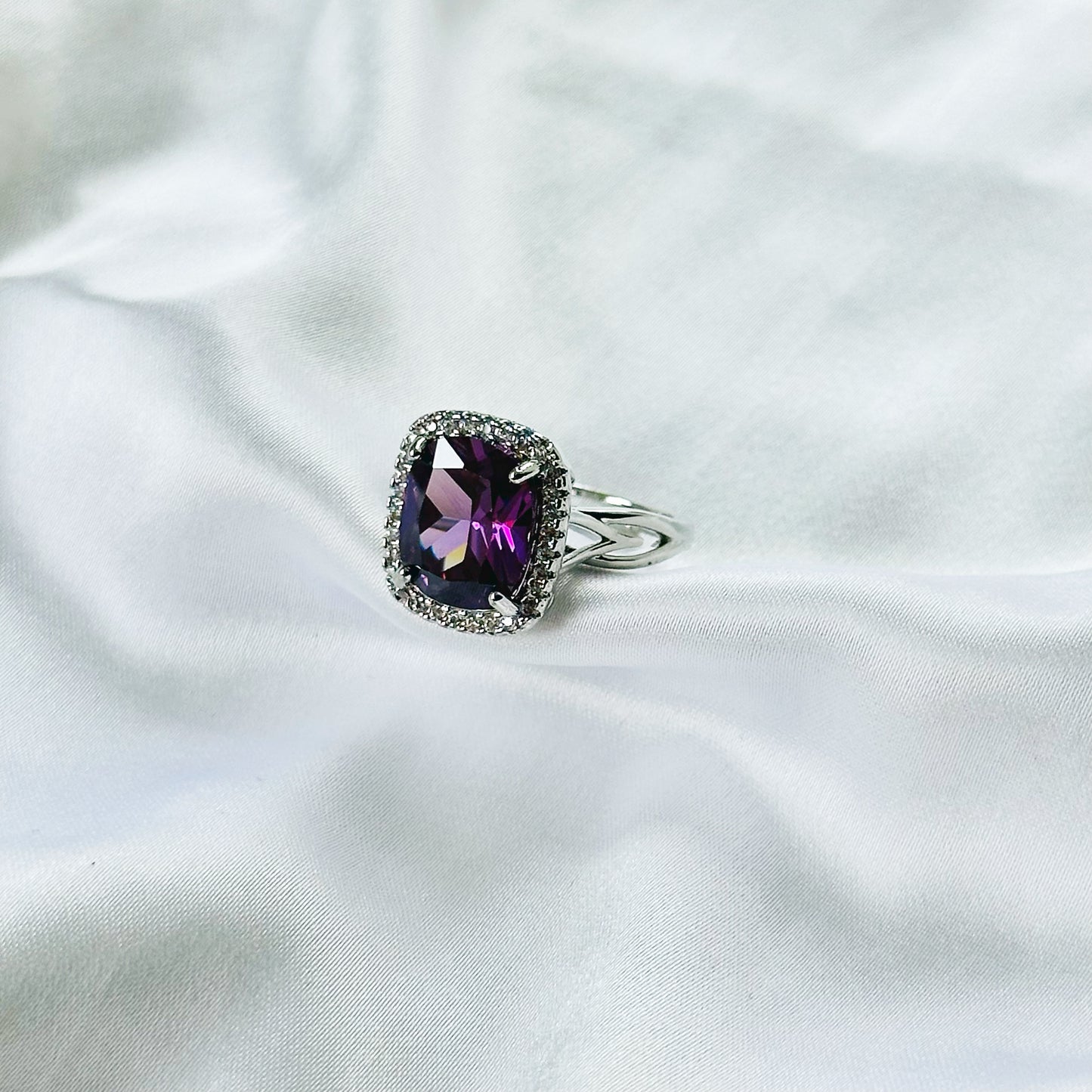 Purple Amethyst Cubic Zirconia Ice Cut American Diamond Silver Plated Adjustable Ring