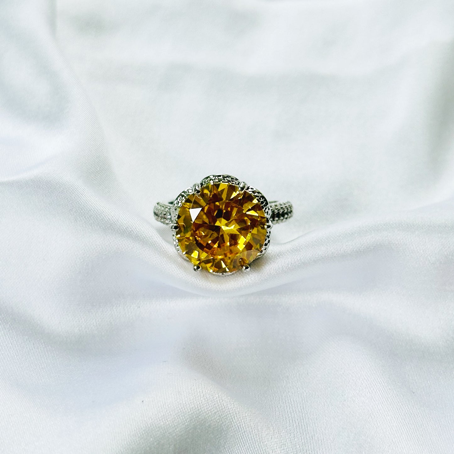 Yellow Topaz Cubic Zirconia Ice Cut American Diamond Silver Plated Adjustable Ring