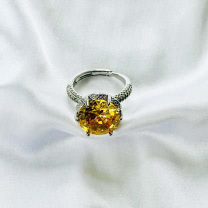 Yellow Topaz Cubic Zirconia Ice Cut American Diamond Silver Plated Adjustable Ring