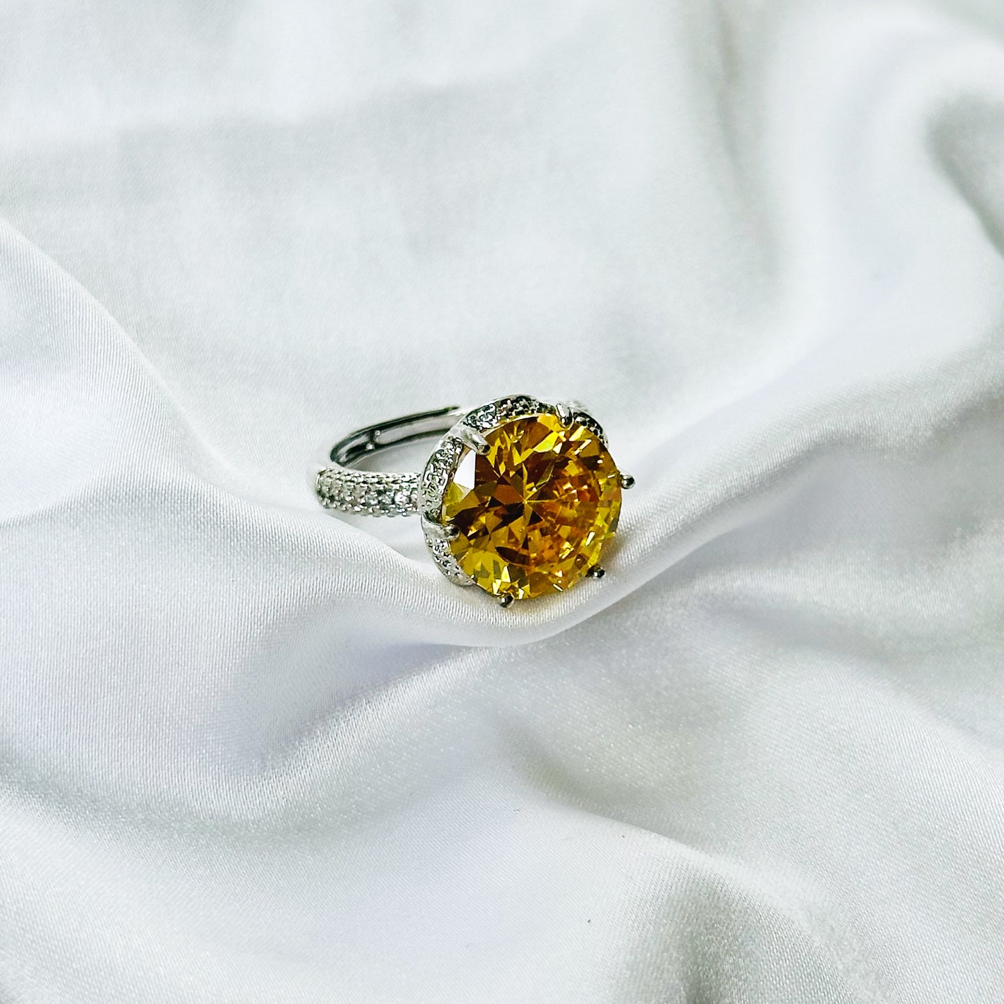 Yellow Topaz Cubic Zirconia Ice Cut American Diamond Silver Plated Adjustable Ring