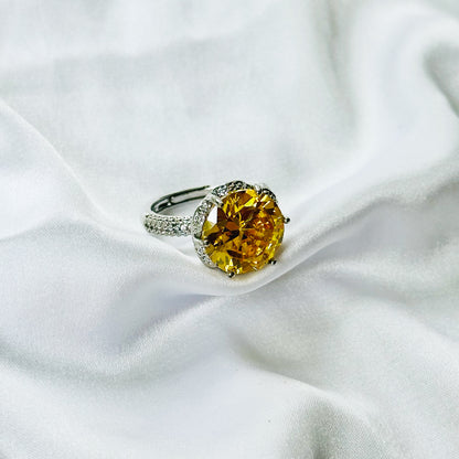 Yellow Topaz Cubic Zirconia Ice Cut American Diamond Silver Plated Adjustable Ring