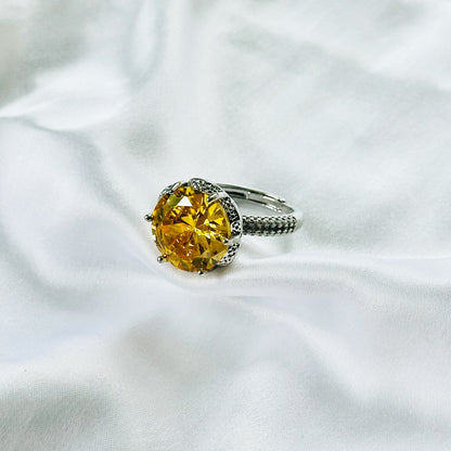 Yellow Topaz Cubic Zirconia Ice Cut American Diamond Silver Plated Adjustable Ring
