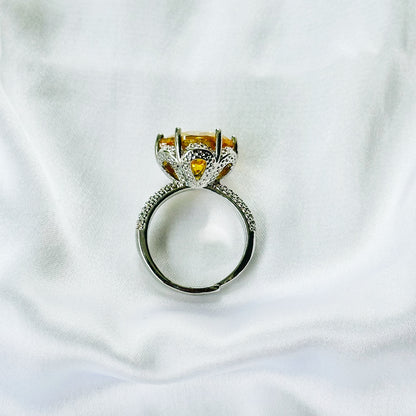 Yellow Topaz Cubic Zirconia Ice Cut American Diamond Silver Plated Adjustable Ring