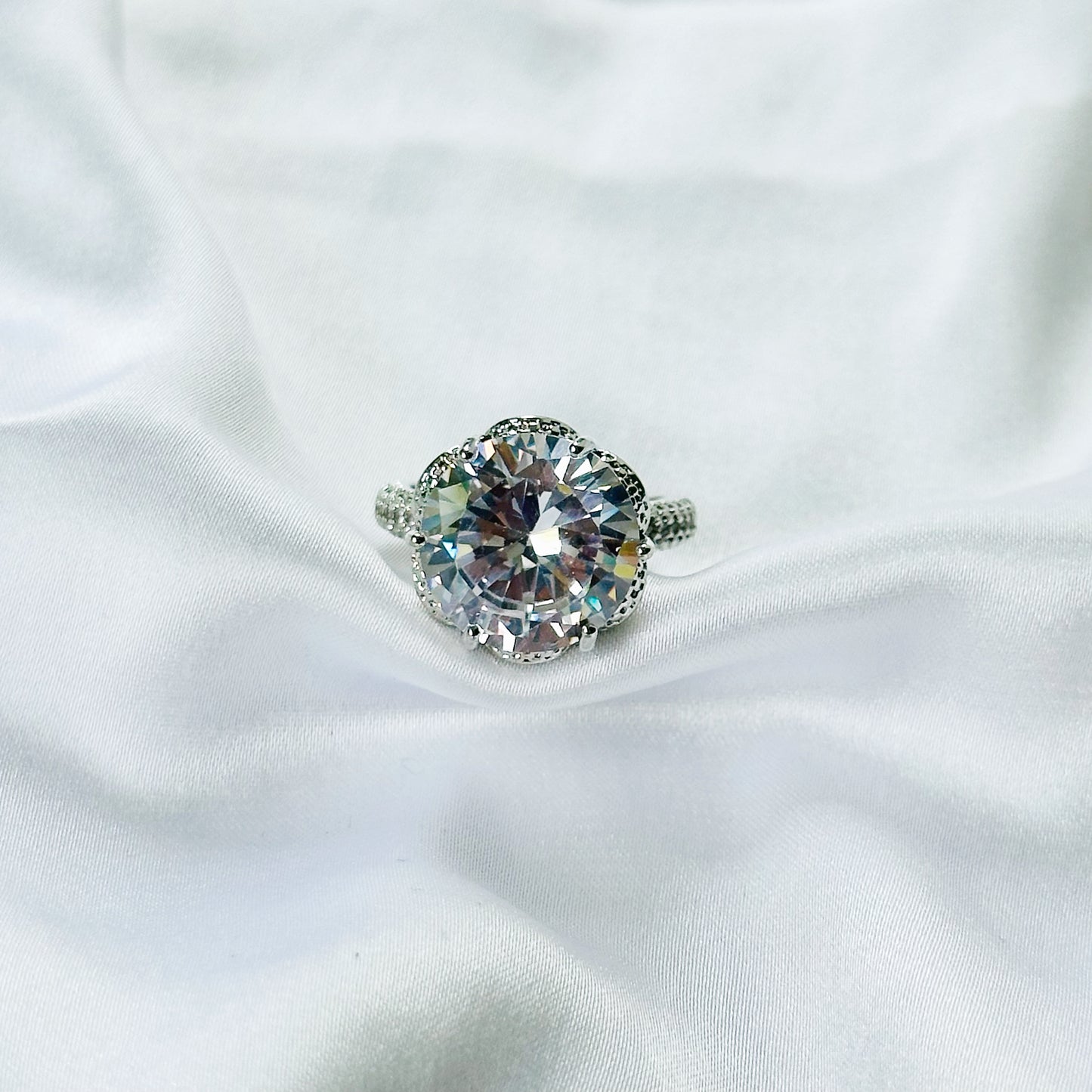 White Cubic Zirconia Ice Cut American Diamond Silver Plated Adjustable Ring