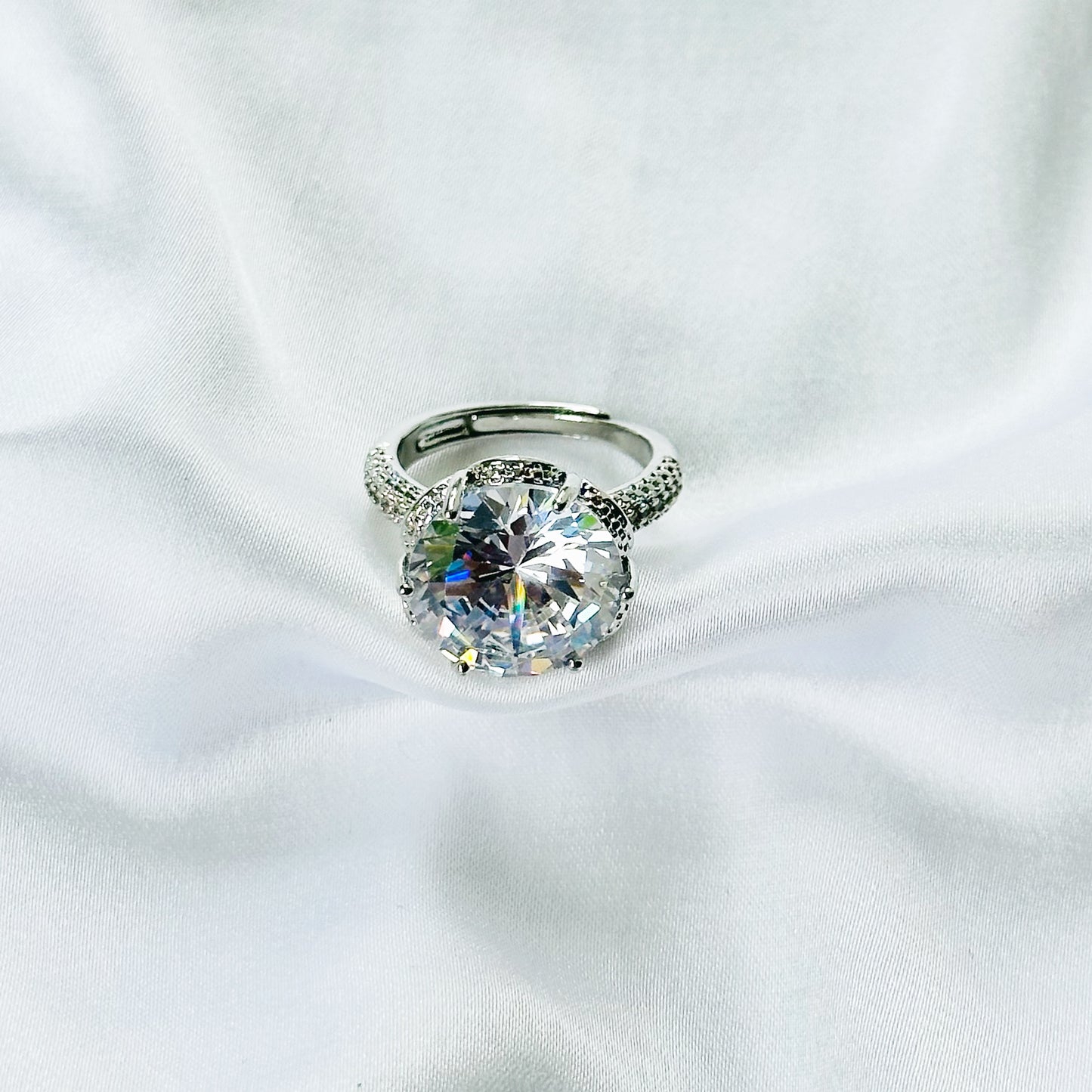White Cubic Zirconia Ice Cut American Diamond Silver Plated Adjustable Ring