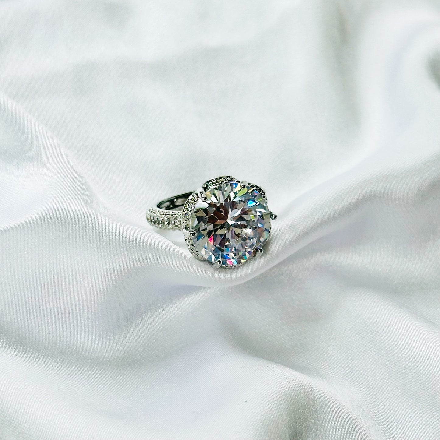 White Cubic Zirconia Ice Cut American Diamond Silver Plated Adjustable Ring