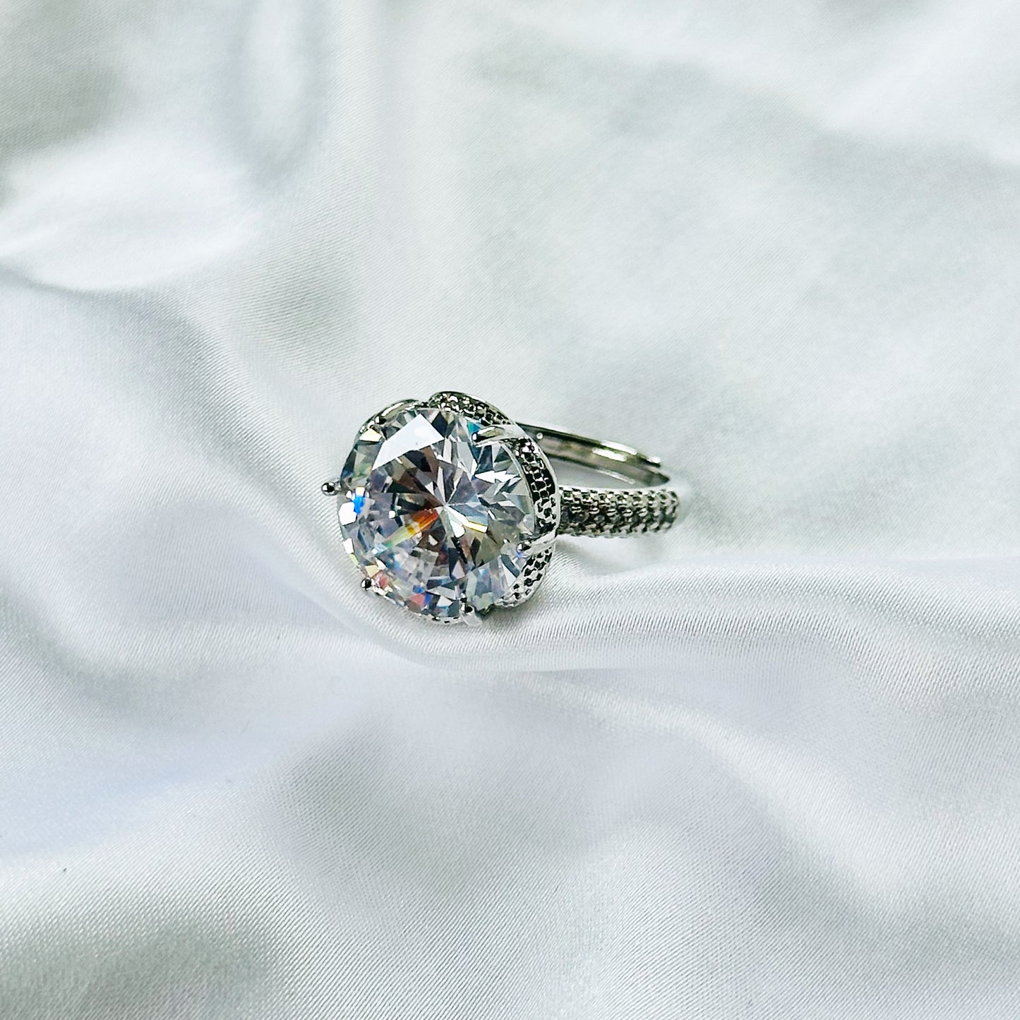 White Cubic Zirconia Ice Cut American Diamond Silver Plated Adjustable Ring