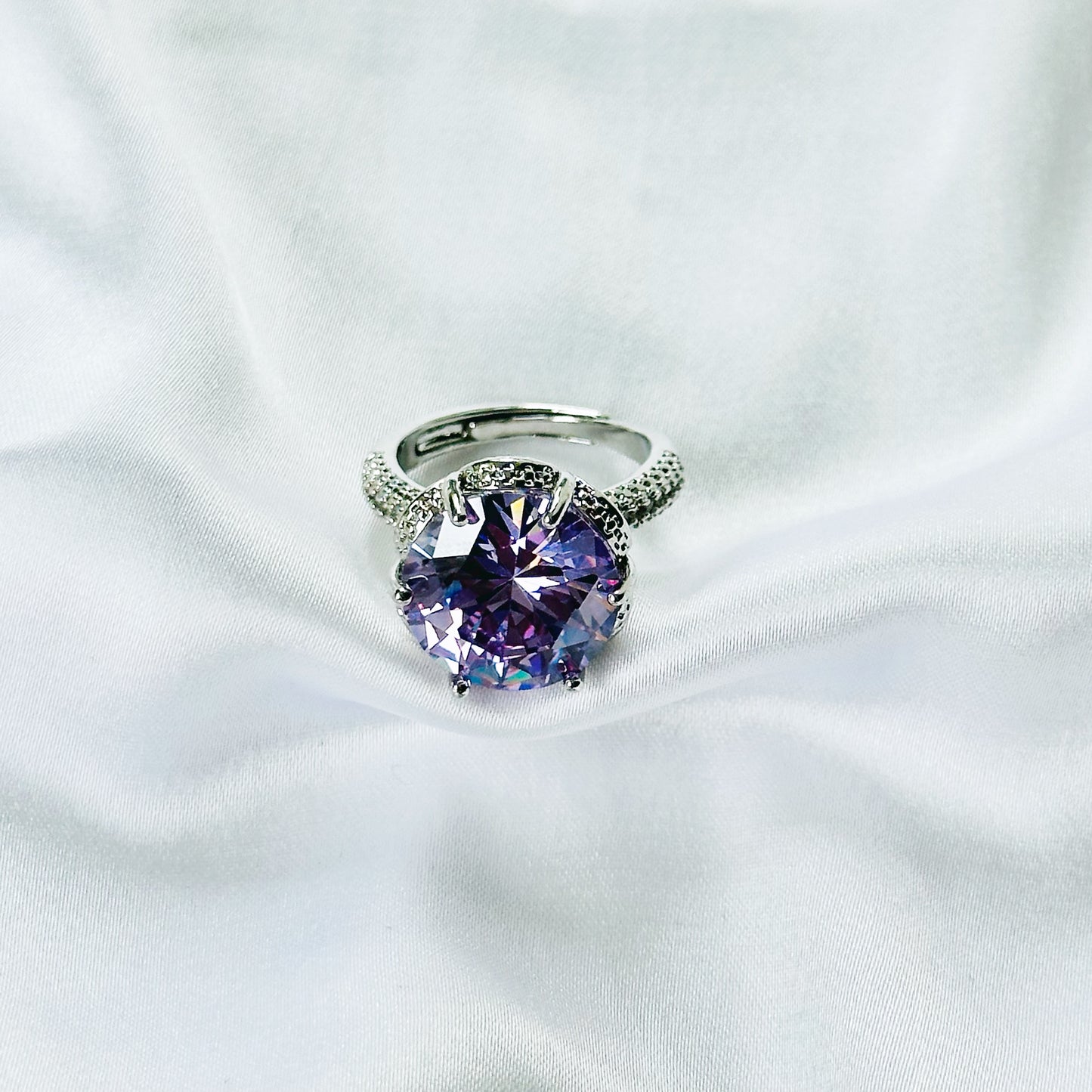 Purple Amethyst Cubic Zirconia Ice Cut American Diamond Silver Plated Adjustable Ring