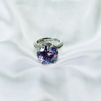 Purple Amethyst Cubic Zirconia Ice Cut American Diamond Silver Plated Adjustable Ring