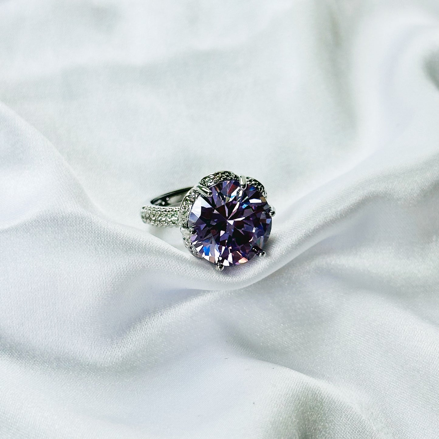 Purple Amethyst Cubic Zirconia Ice Cut American Diamond Silver Plated Adjustable Ring