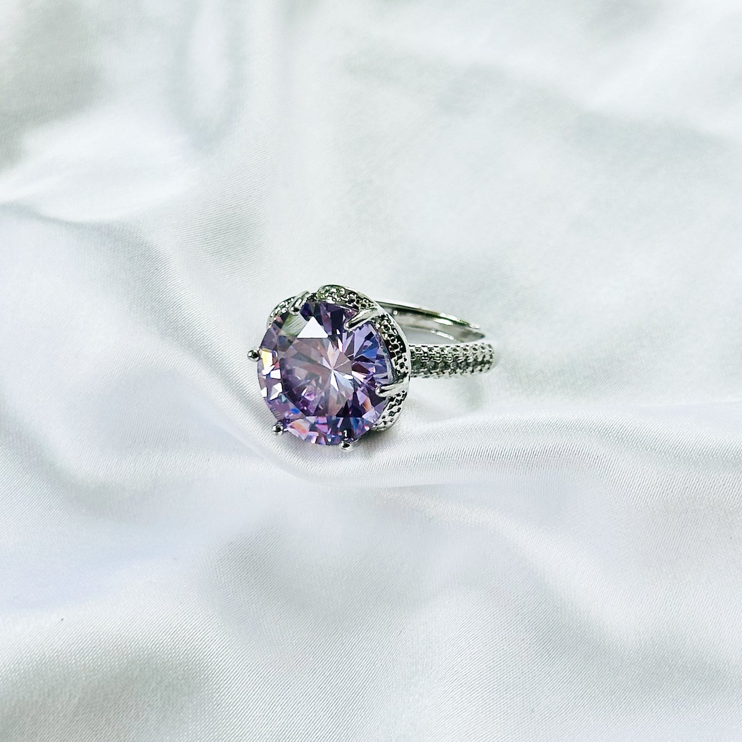 Purple Amethyst Cubic Zirconia Ice Cut American Diamond Silver Plated Adjustable Ring