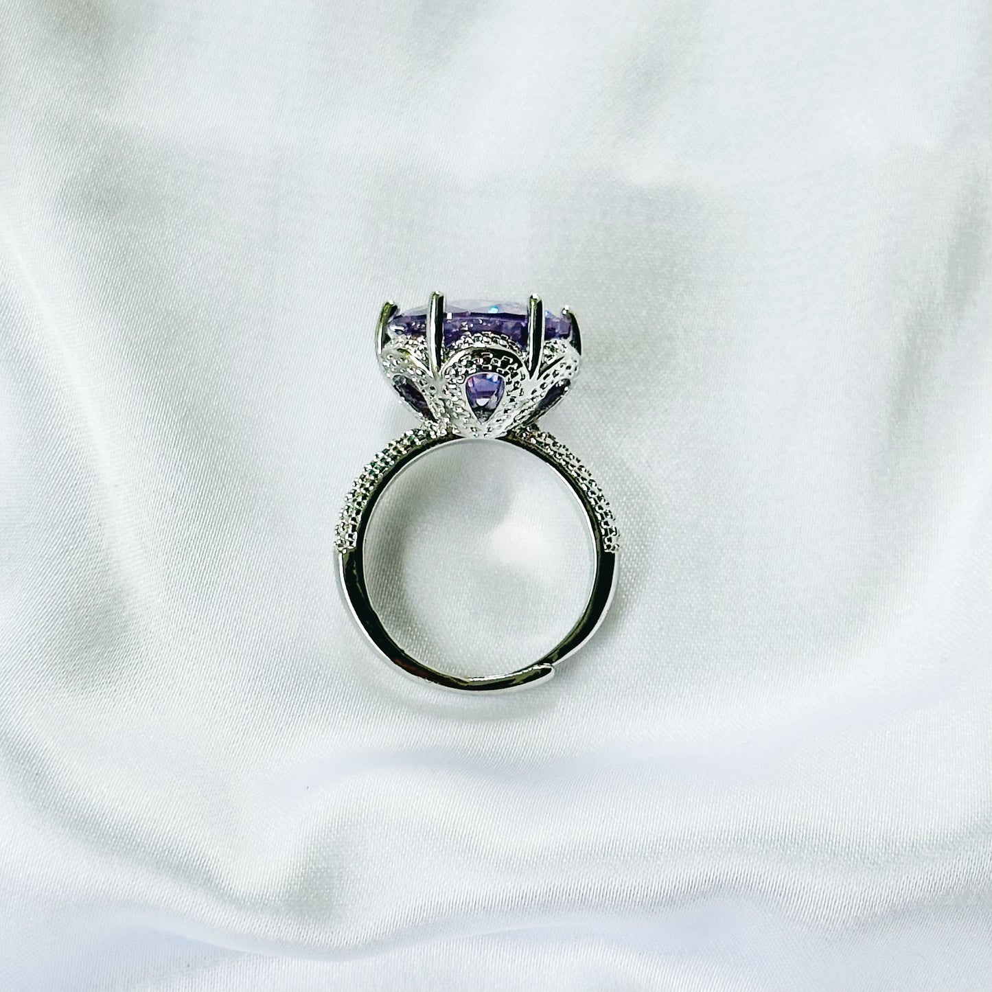 Purple Amethyst Cubic Zirconia Ice Cut American Diamond Silver Plated Adjustable Ring