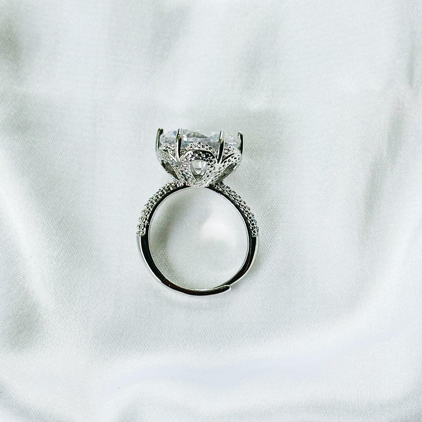 White Cubic Zirconia Ice Cut American Diamond Silver Plated Adjustable Ring