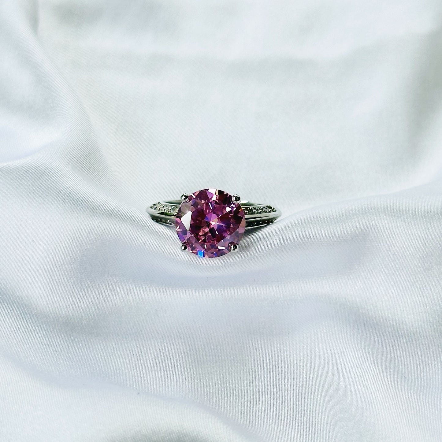 Pink Topaz Cubic Zirconia Ice Cut American Diamond Silver Plated Adjustable Ring