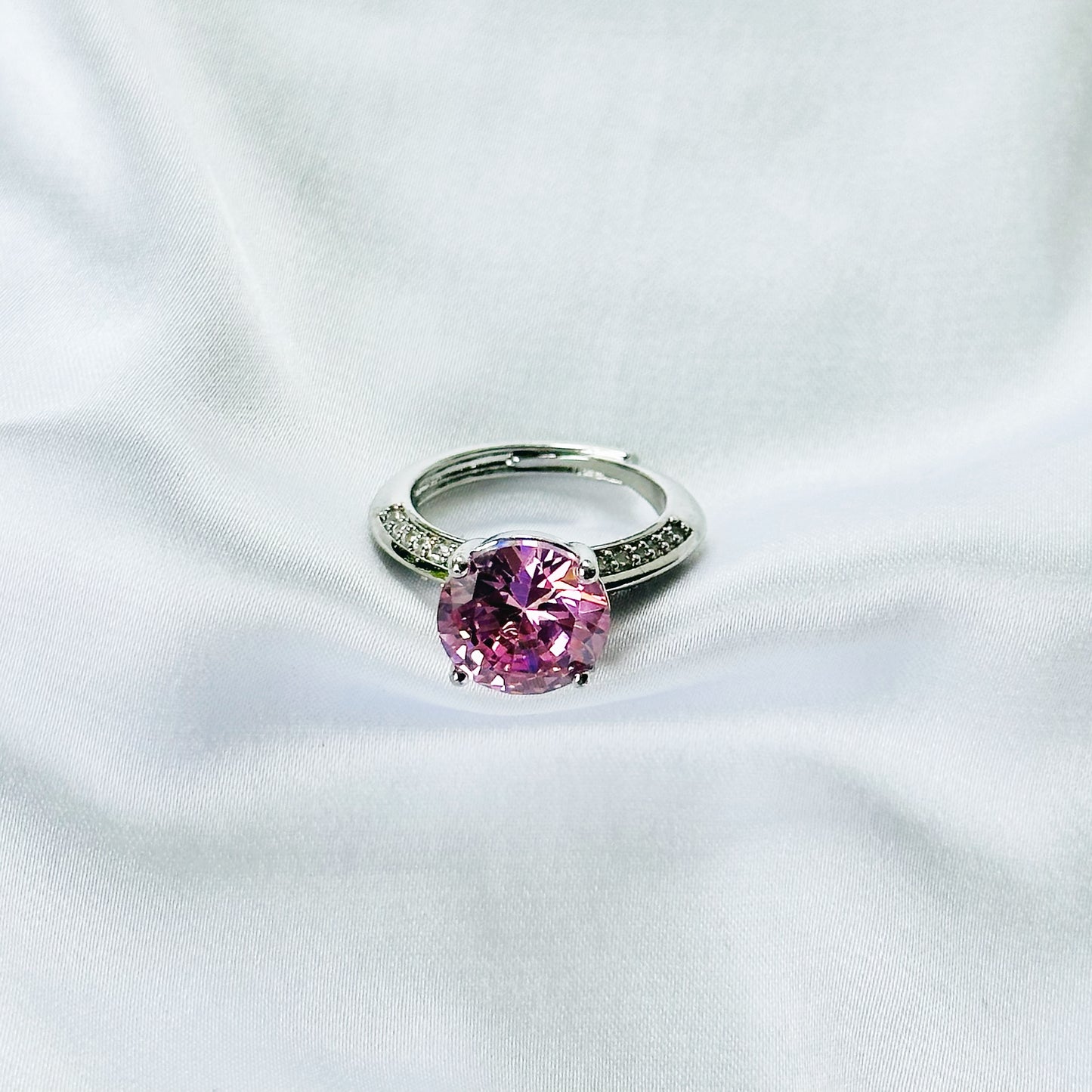 Pink Topaz Cubic Zirconia Ice Cut American Diamond Silver Plated Adjustable Ring