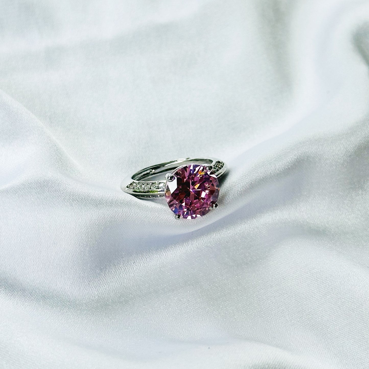 Pink Topaz Cubic Zirconia Ice Cut American Diamond Silver Plated Adjustable Ring