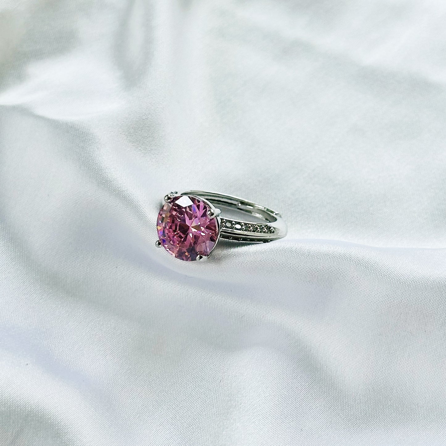 Pink Topaz Cubic Zirconia Ice Cut American Diamond Silver Plated Adjustable Ring