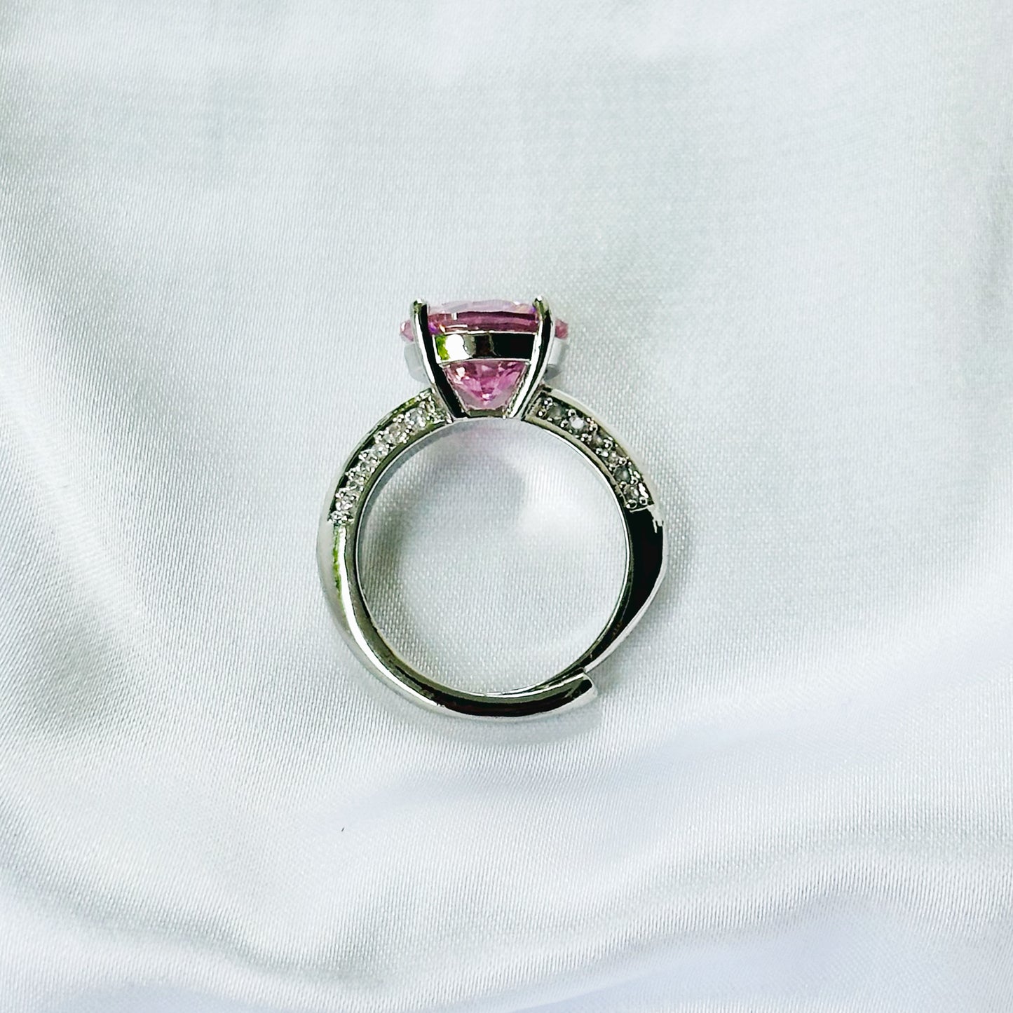 Pink Topaz Cubic Zirconia Ice Cut American Diamond Silver Plated Adjustable Ring