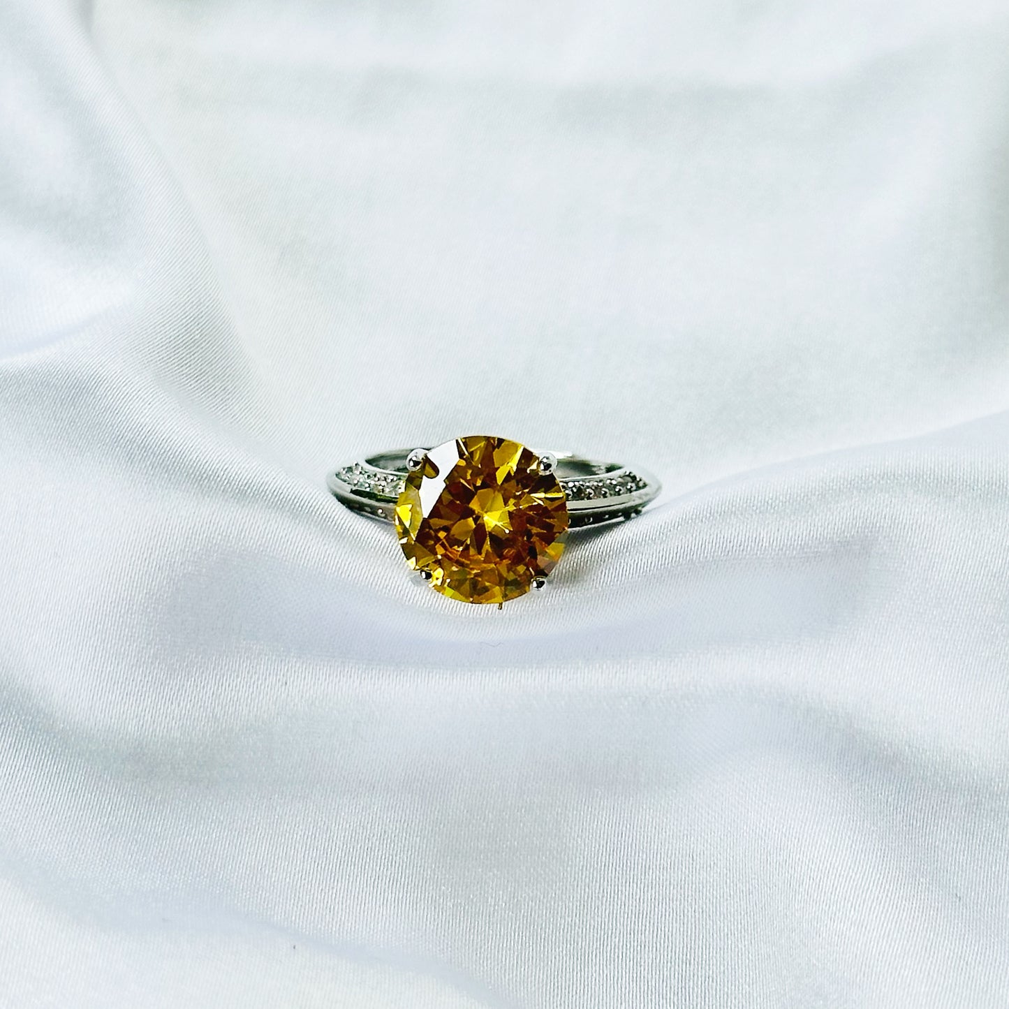 Yellow Topaz Cubic Zirconia Ice Cut American Diamond Silver Plated Adjustable Ring