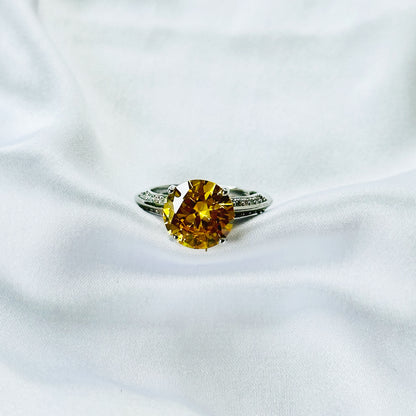 Yellow Topaz Cubic Zirconia Ice Cut American Diamond Silver Plated Adjustable Ring