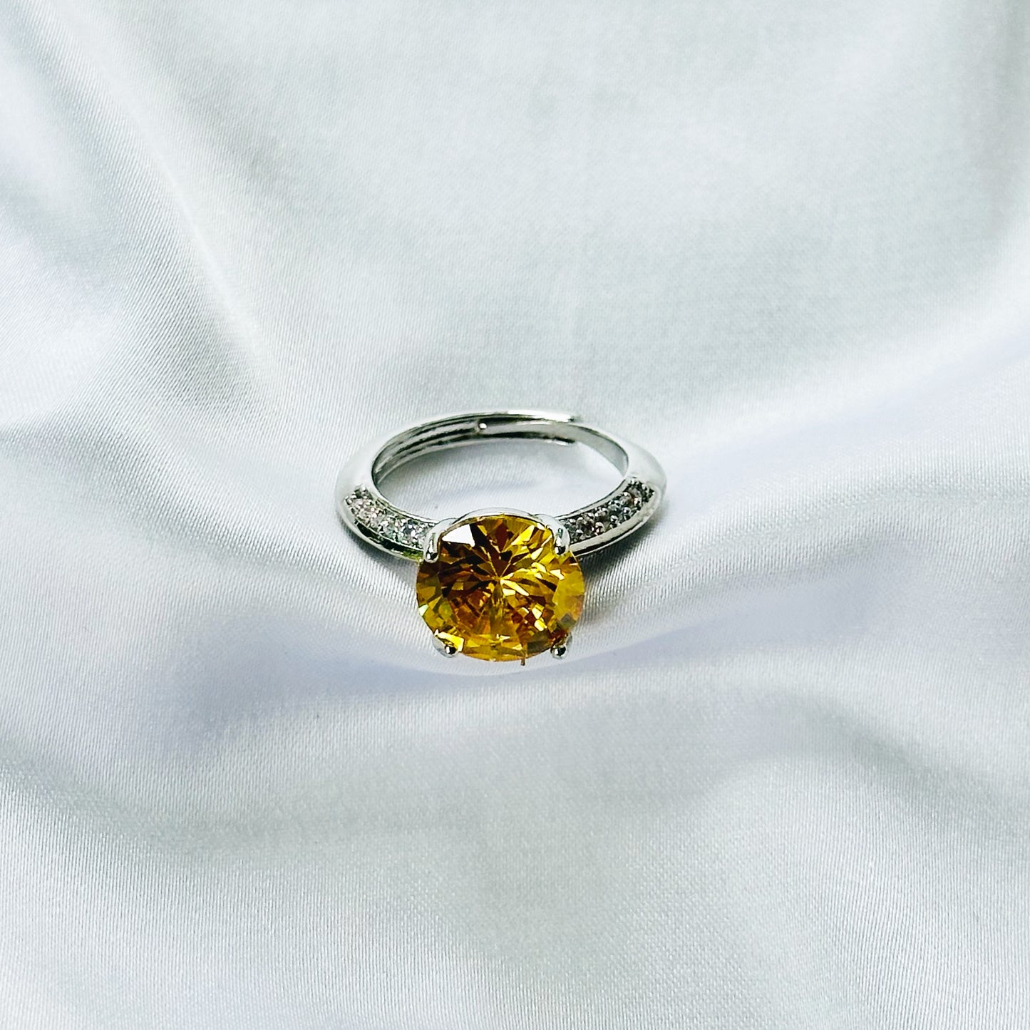 Yellow Topaz Cubic Zirconia Ice Cut American Diamond Silver Plated Adjustable Ring