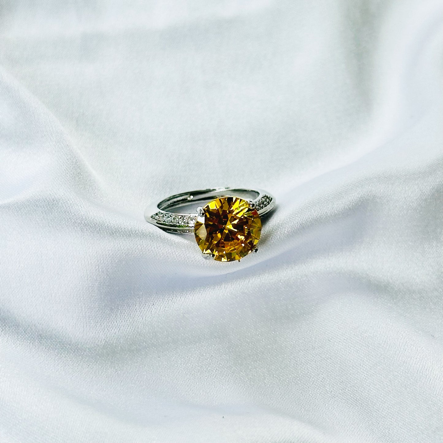 Yellow Topaz Cubic Zirconia Ice Cut American Diamond Silver Plated Adjustable Ring