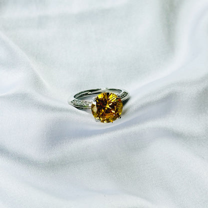 Yellow Topaz Cubic Zirconia Ice Cut American Diamond Silver Plated Adjustable Ring