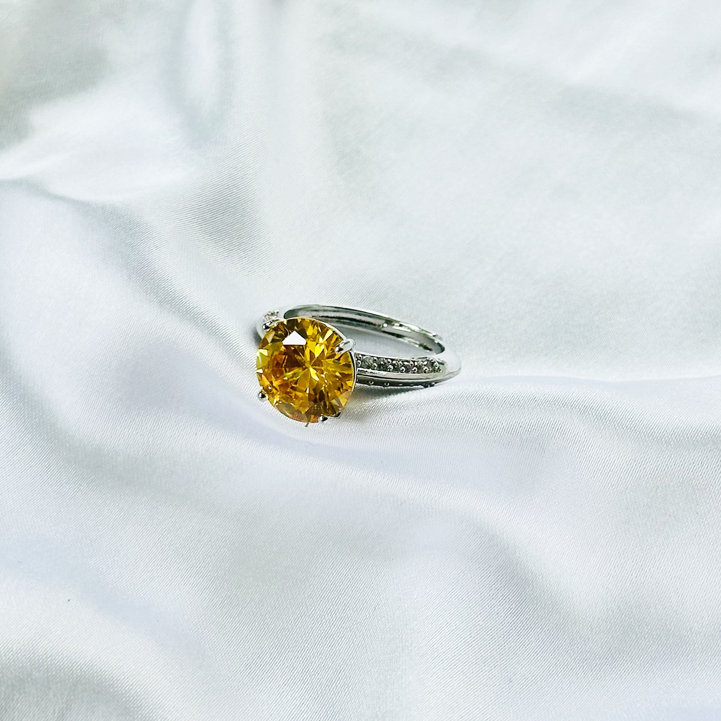 Yellow Topaz Cubic Zirconia Ice Cut American Diamond Silver Plated Adjustable Ring