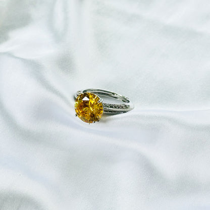 Yellow Topaz Cubic Zirconia Ice Cut American Diamond Silver Plated Adjustable Ring