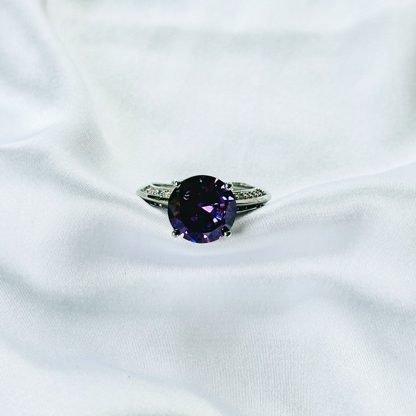 Purple Amethyst Cubic Zirconia Ice Cut American Diamond Silver Plated Adjustable Ring