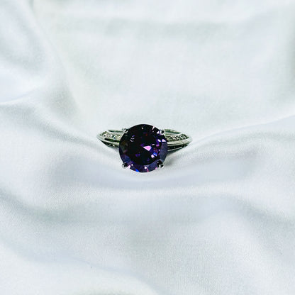 Purple Amethyst Cubic Zirconia Ice Cut American Diamond Silver Plated Adjustable Ring
