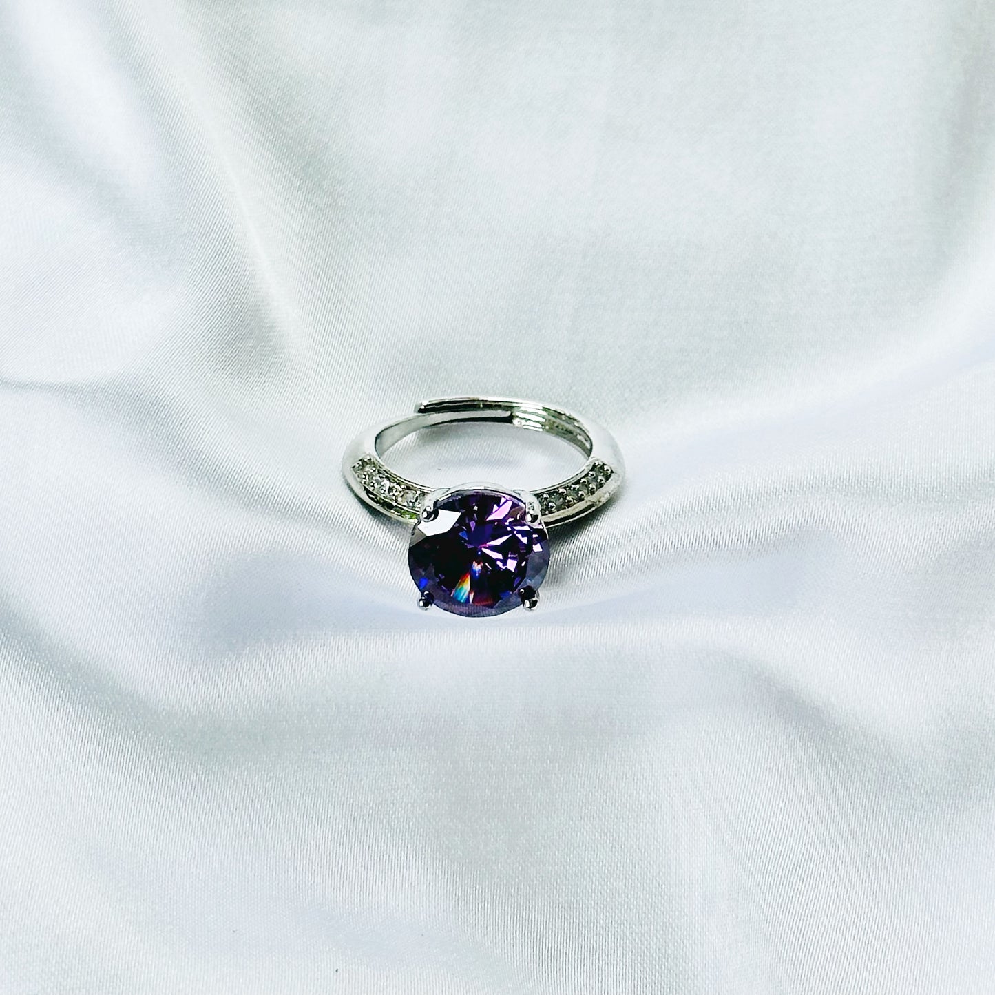 Purple Amethyst Cubic Zirconia Ice Cut American Diamond Silver Plated Adjustable Ring