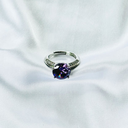 Purple Amethyst Cubic Zirconia Ice Cut American Diamond Silver Plated Adjustable Ring
