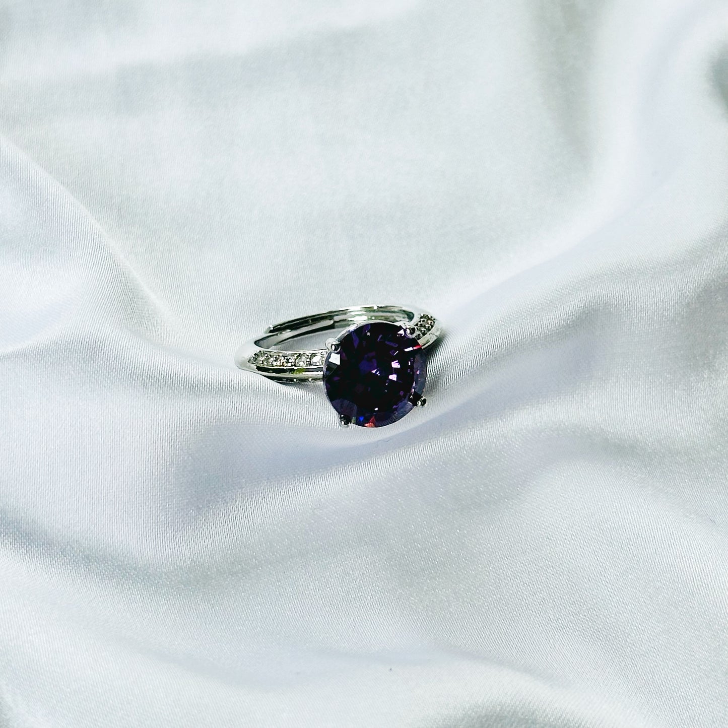 Purple Amethyst Cubic Zirconia Ice Cut American Diamond Silver Plated Adjustable Ring
