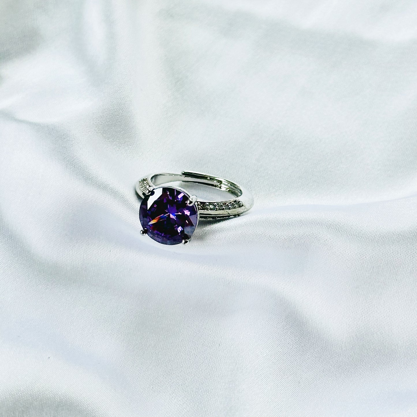 Purple Amethyst Cubic Zirconia Ice Cut American Diamond Silver Plated Adjustable Ring
