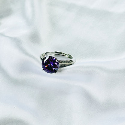 Purple Amethyst Cubic Zirconia Ice Cut American Diamond Silver Plated Adjustable Ring