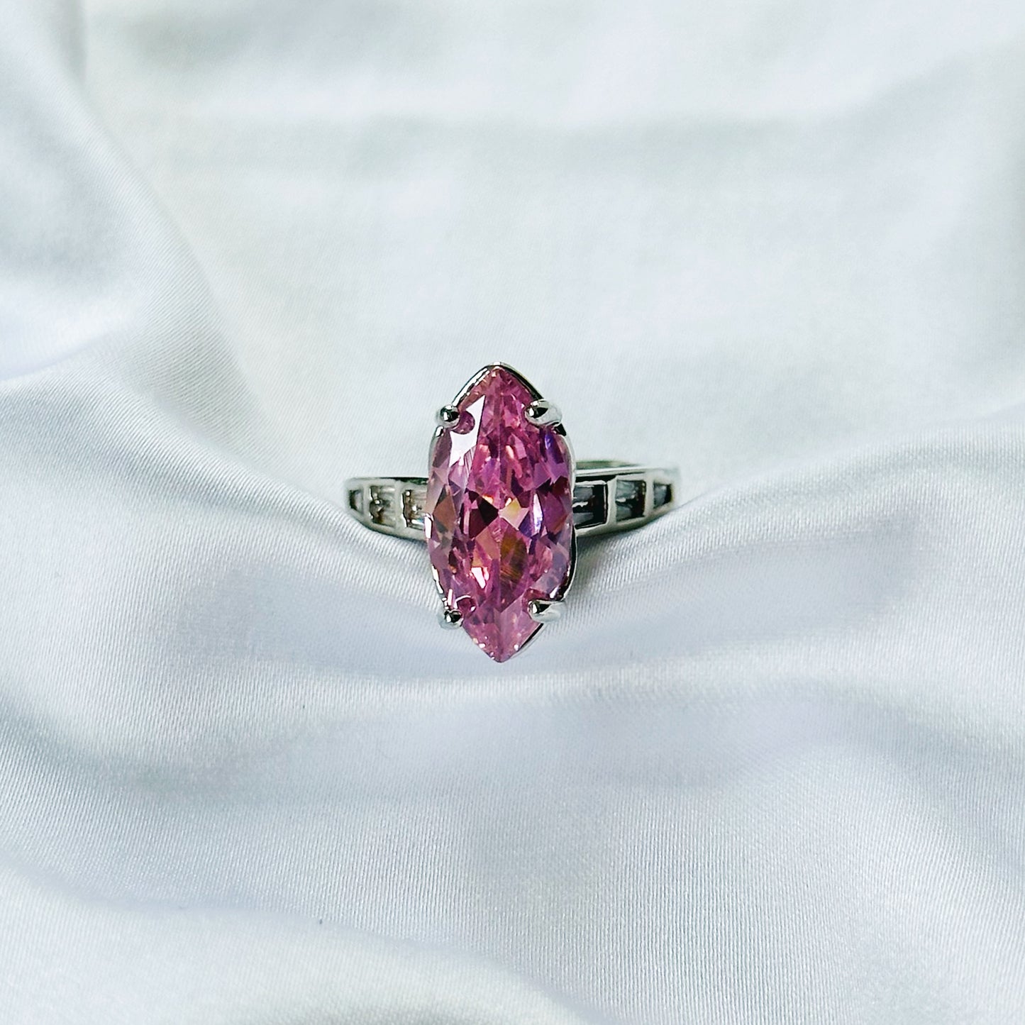 Pink Topaz Cubic Zirconia Ice Cut American Diamond Silver Plated Adjustable Ring