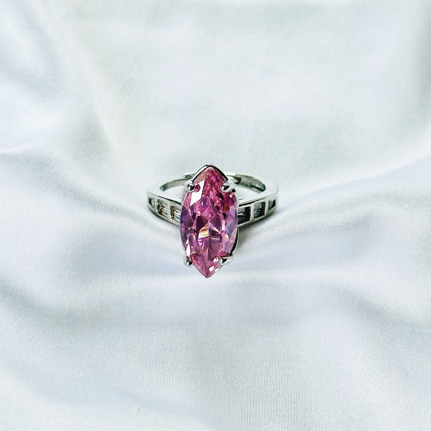 Pink Topaz Cubic Zirconia Ice Cut American Diamond Silver Plated Adjustable Ring