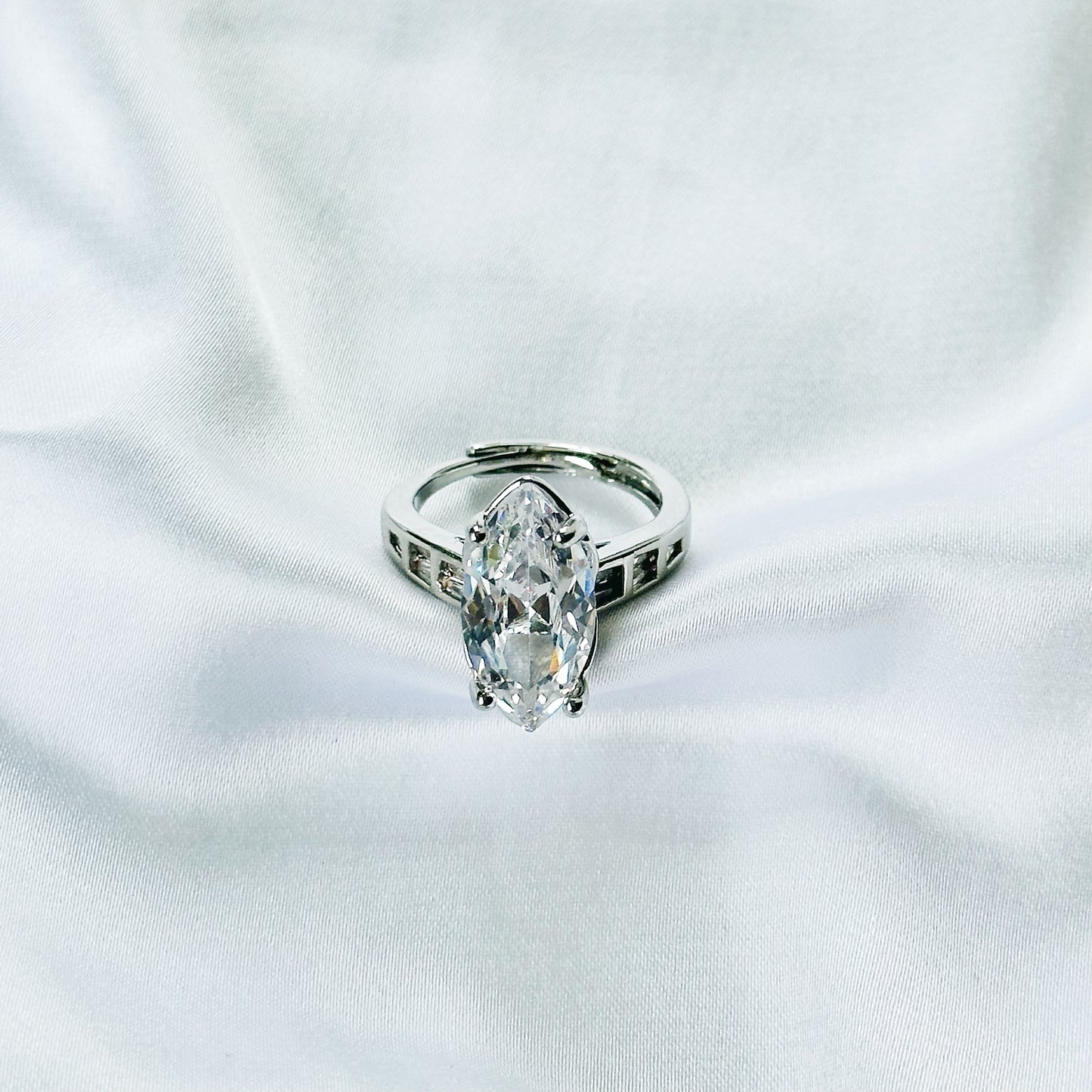 White Cubic Zirconia Ice Cut American Diamond Silver Plated Adjustable Ring