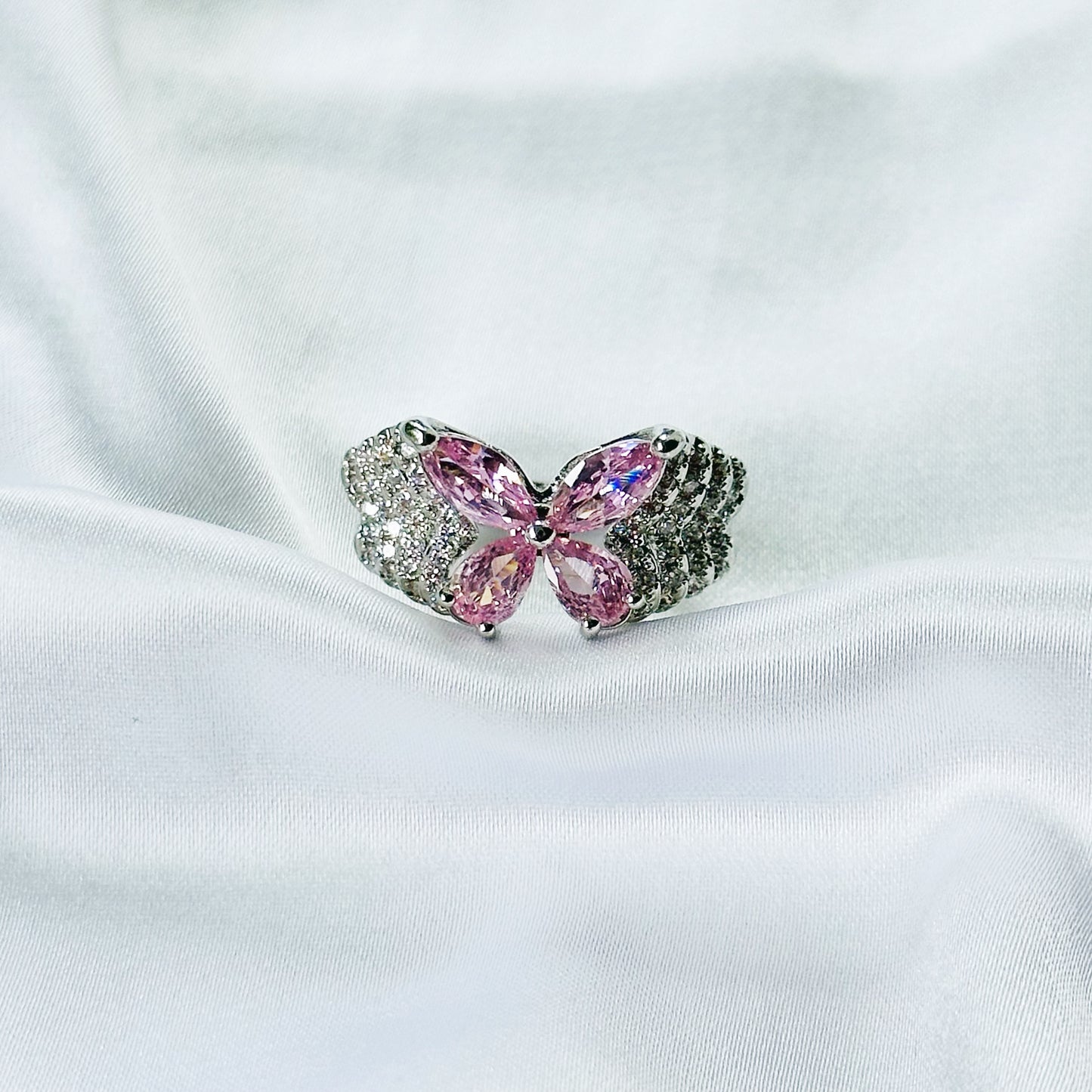 Pink Topaz Cubic Zirconia Ice Cut American Diamond Silver Plated Adjustable Ring