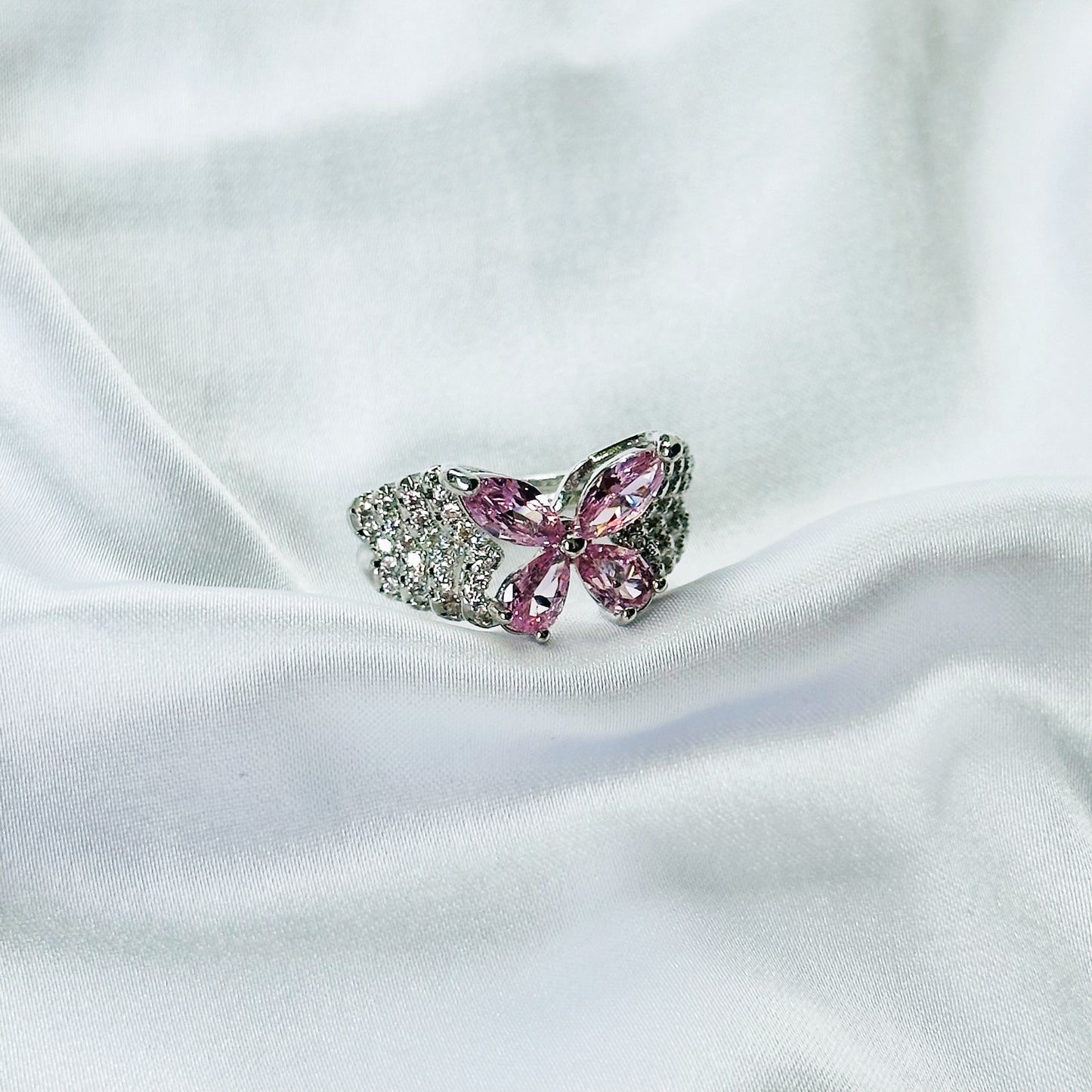 Pink Topaz Cubic Zirconia Ice Cut American Diamond Silver Plated Adjustable Ring
