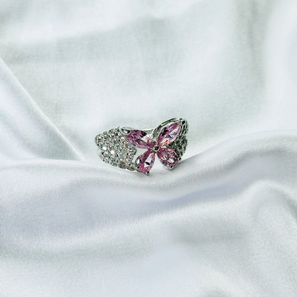 Pink Topaz Cubic Zirconia Ice Cut American Diamond Silver Plated Adjustable Ring