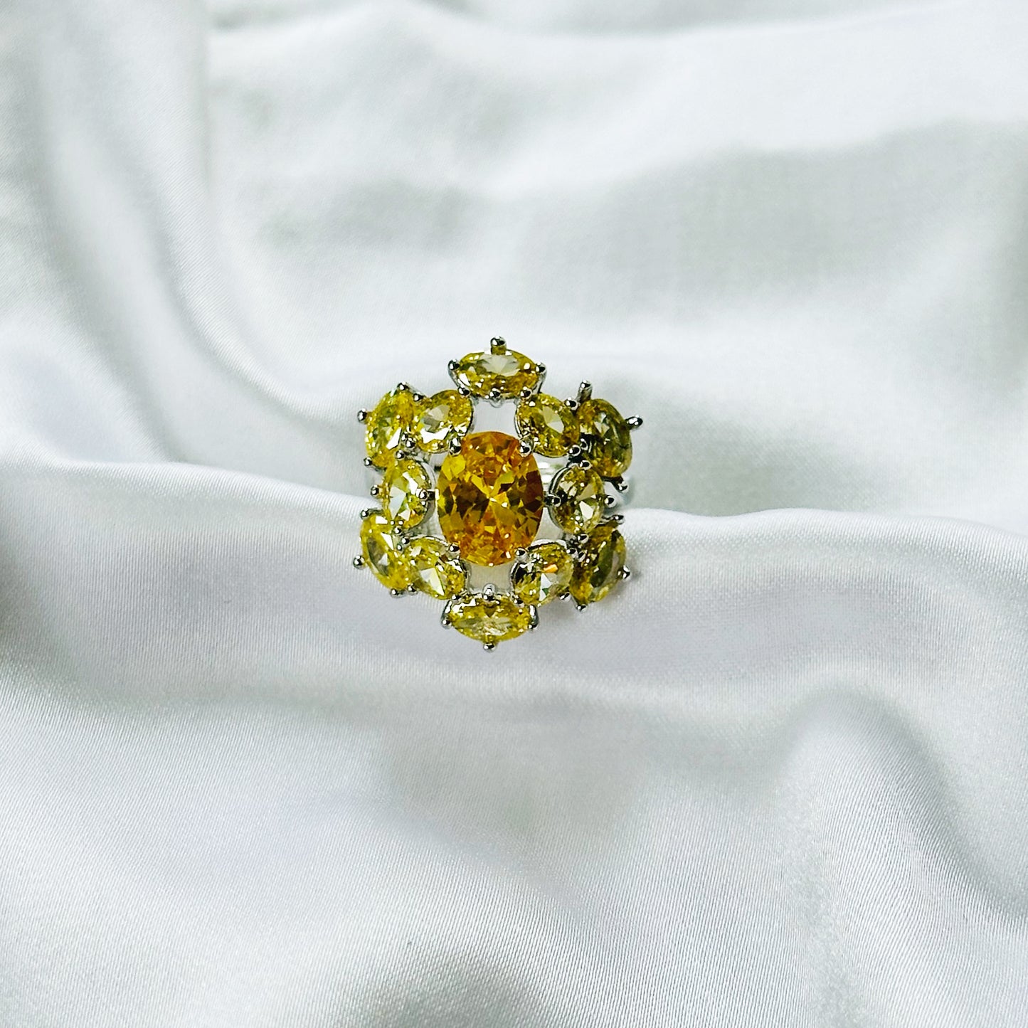 Yellow Topaz Cubic Zirconia Ice Cut American Diamond Silver Plated Adjustable Ring