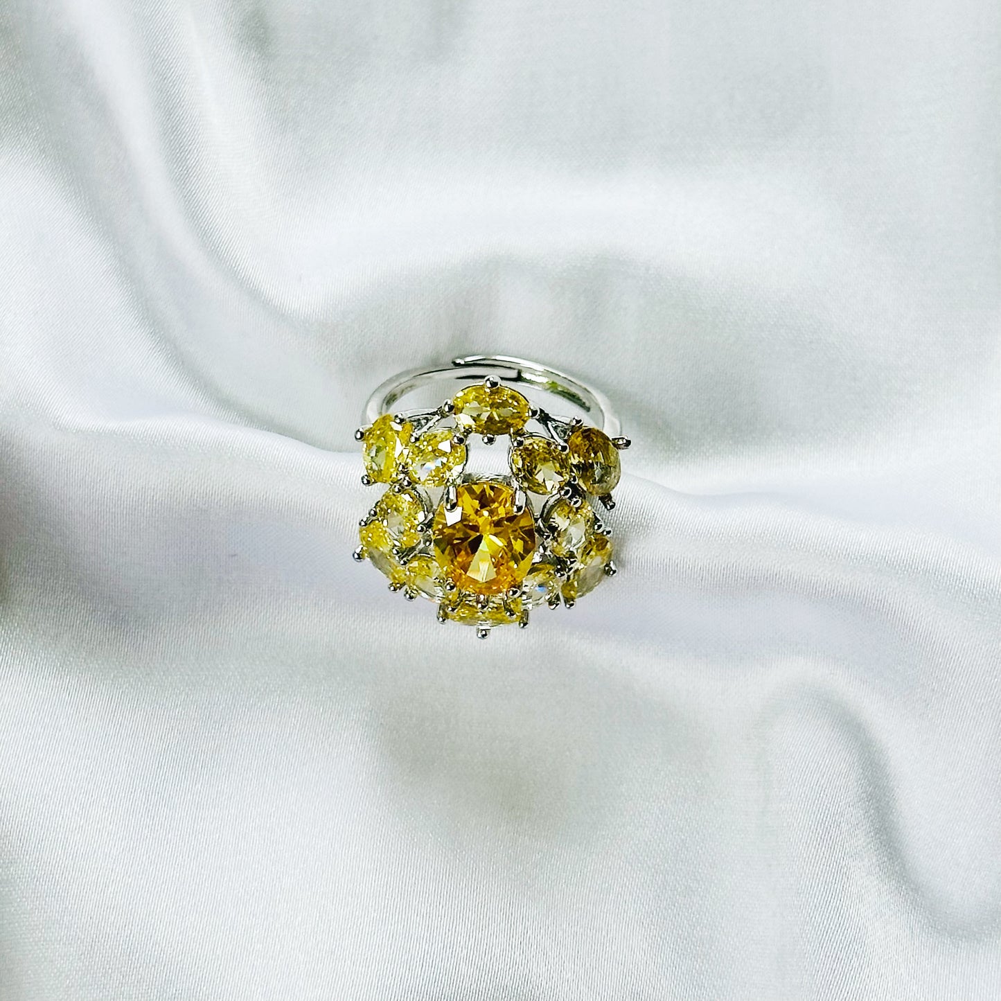 Yellow Topaz Cubic Zirconia Ice Cut American Diamond Silver Plated Adjustable Ring