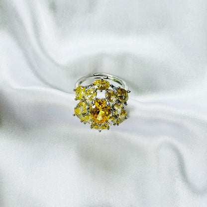 Yellow Topaz Cubic Zirconia Ice Cut American Diamond Silver Plated Adjustable Ring