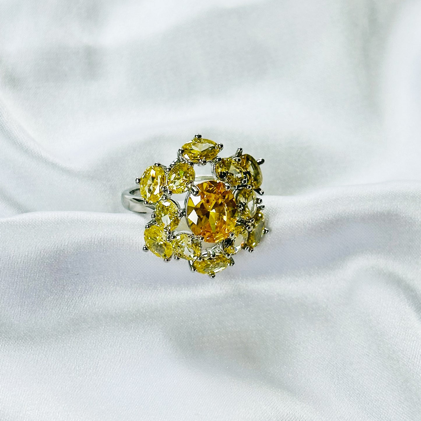 Yellow Topaz Cubic Zirconia Ice Cut American Diamond Silver Plated Adjustable Ring