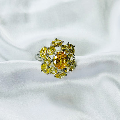 Yellow Topaz Cubic Zirconia Ice Cut American Diamond Silver Plated Adjustable Ring