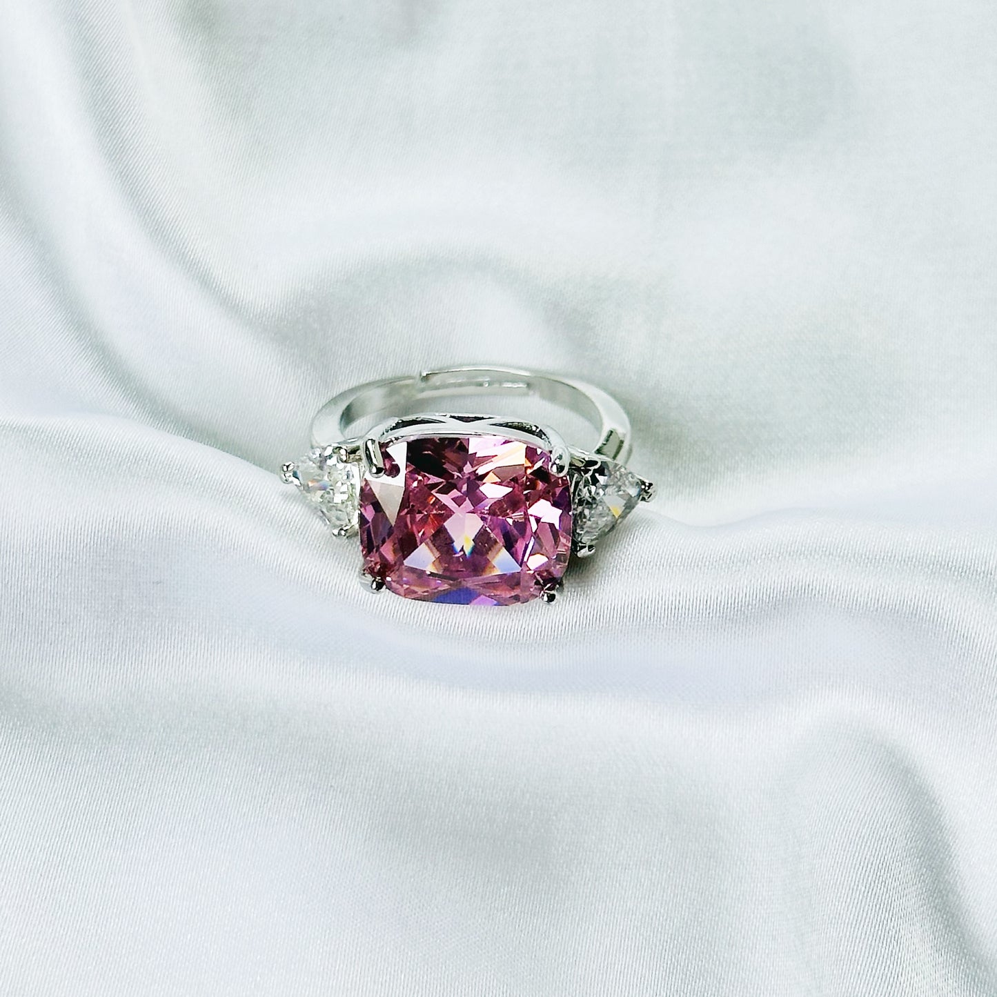 Pink Topaz Cubic Zirconia Ice Cut American Diamond Silver Plated Adjustable Ring