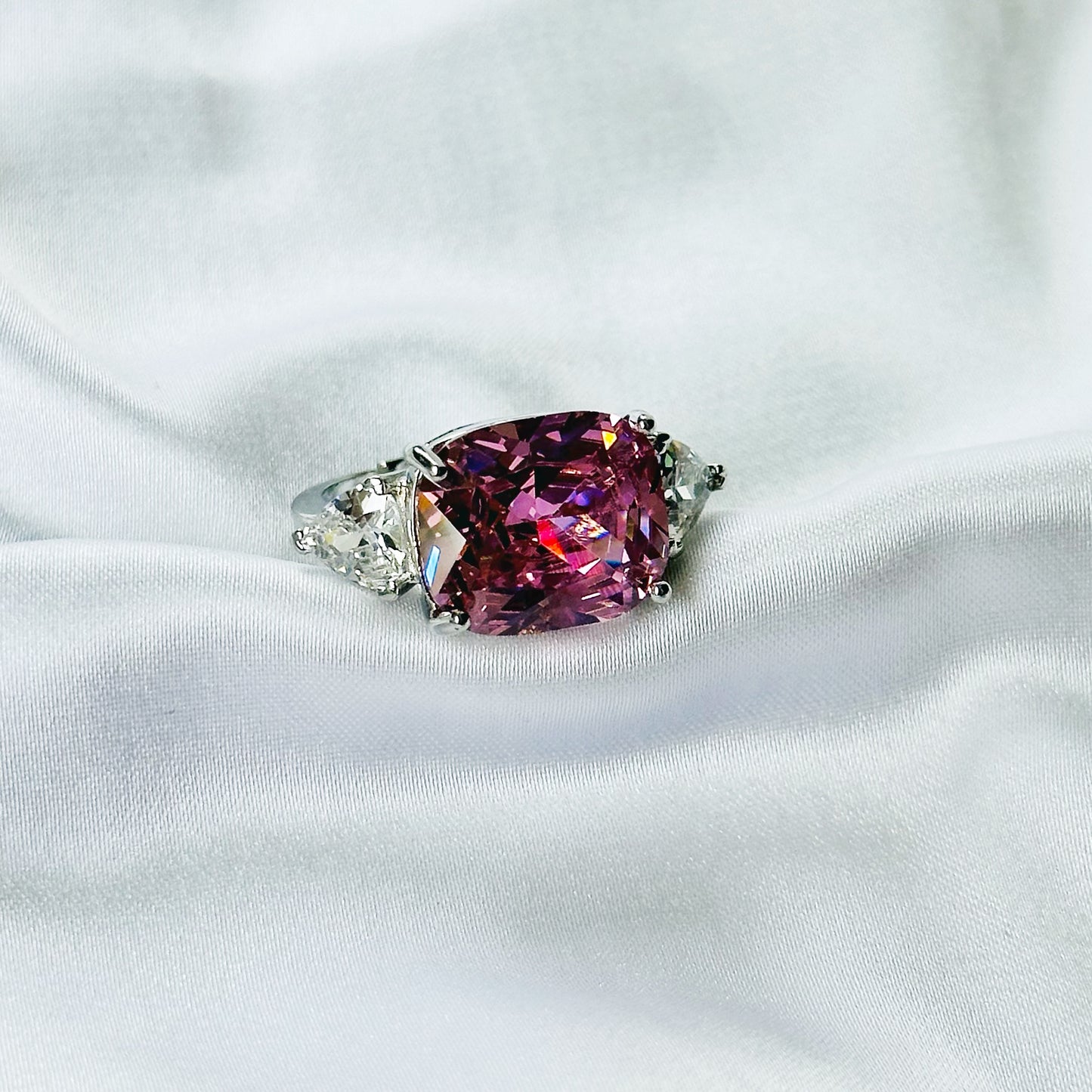 Pink Topaz Cubic Zirconia Ice Cut American Diamond Silver Plated Adjustable Ring